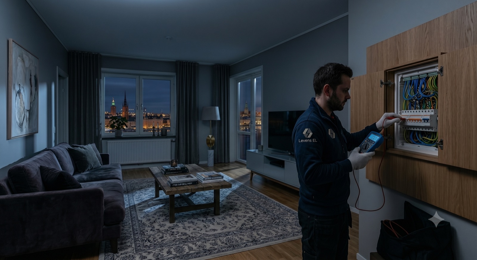 Elektriker installerar elcentral i modern bostad