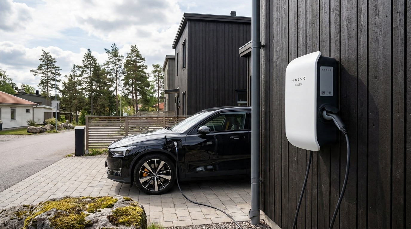 Laddbox för elbil monterad på husvägg