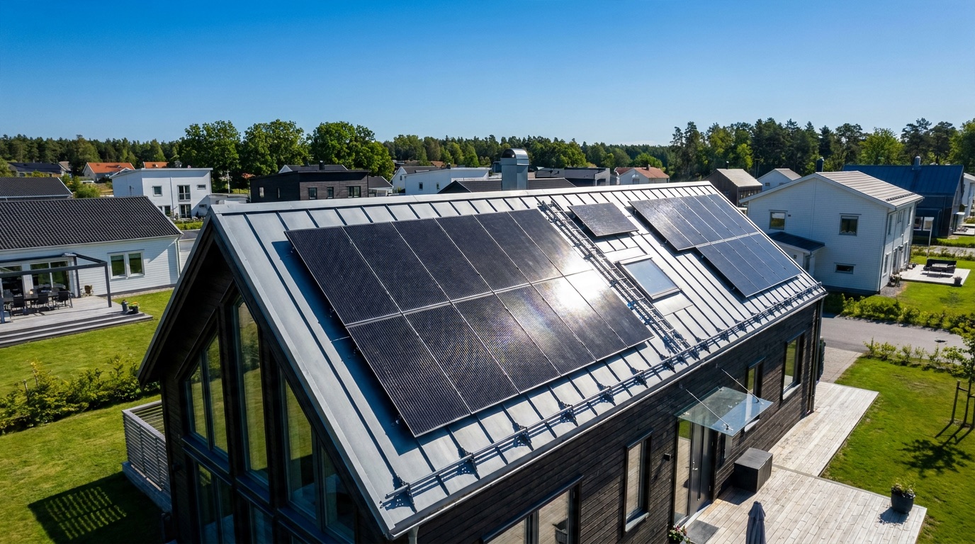 Solceller på villatak som laddar elbilen i Gävle